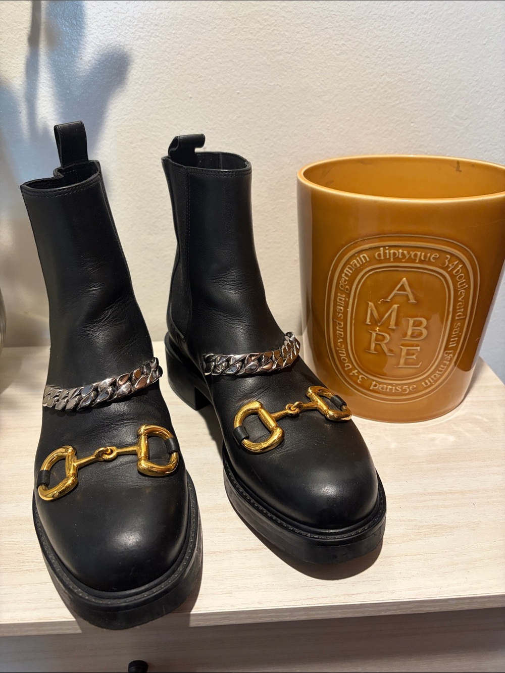 Gucci Black Leather Ankle Boots with Gold Horsebit Detail